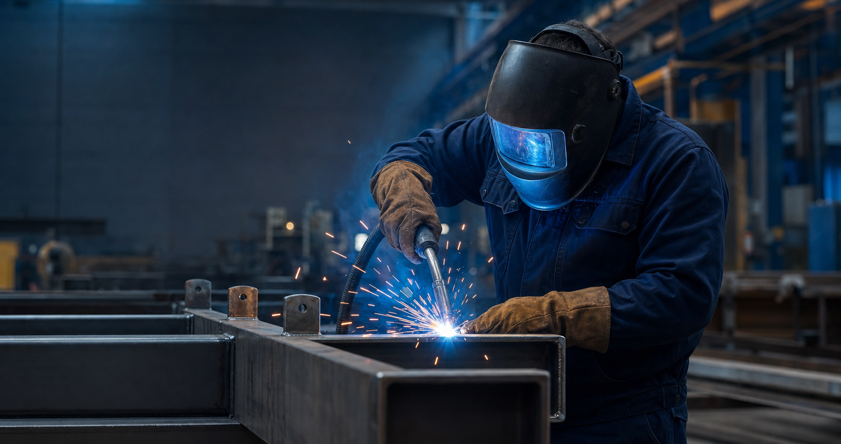 Professional MIG/MAG welder working in a modern fabrication facility