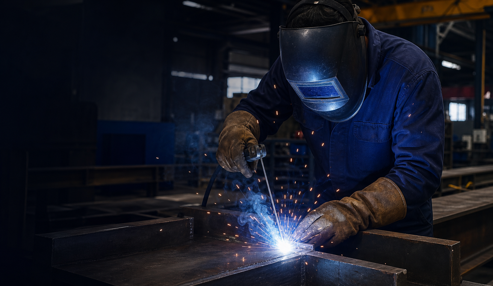 MMA electrode welder working on steel