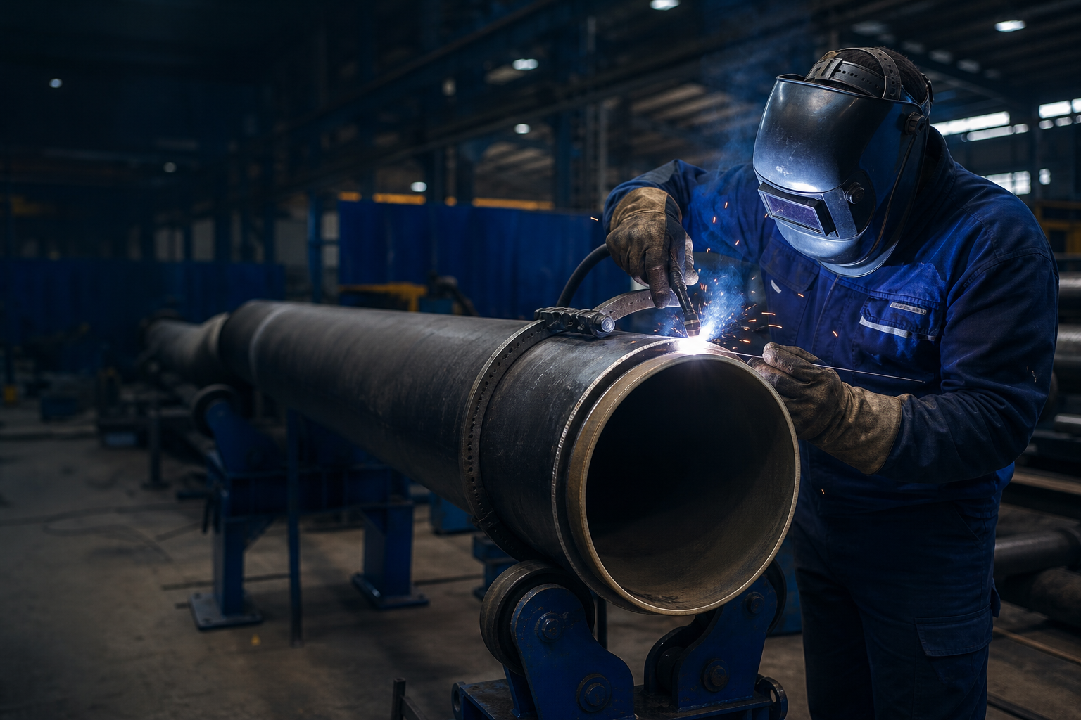 Pipe welder working on an industrial pipe
