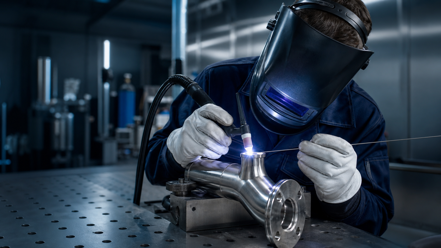 TIG welder working on stainless steel